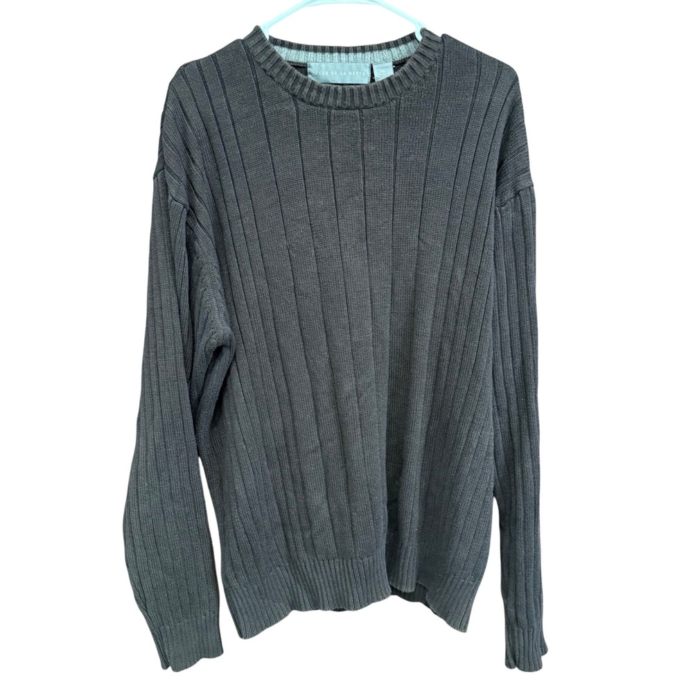 Oscar de la Renta Mens XL Brown Ribbed Knit Cotton Blend Crew Neck Sweater